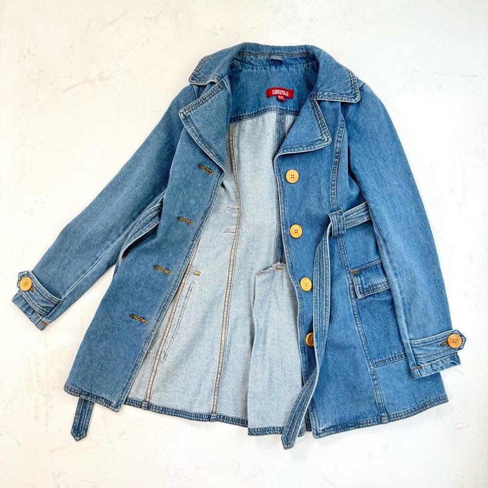 Vintage Forever 21 Denim Belted Jacket 2000s Y2K Trench Style XS - Picture 4 of 11